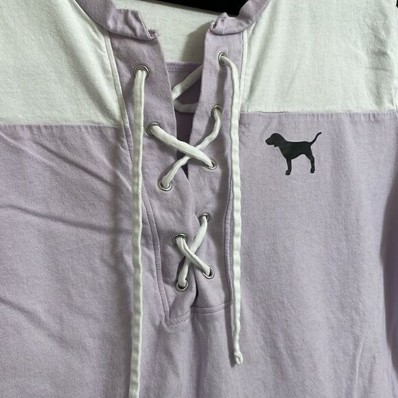 PINK Victorias Secret lavender/white/black lace up logo t-shirt, size S - Picture 2 of 6